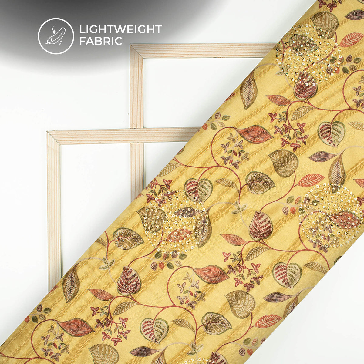 Trendy Yellow Leaf Digital Print Butta Sequins Embroidery On Heritage Art Silk Fabric