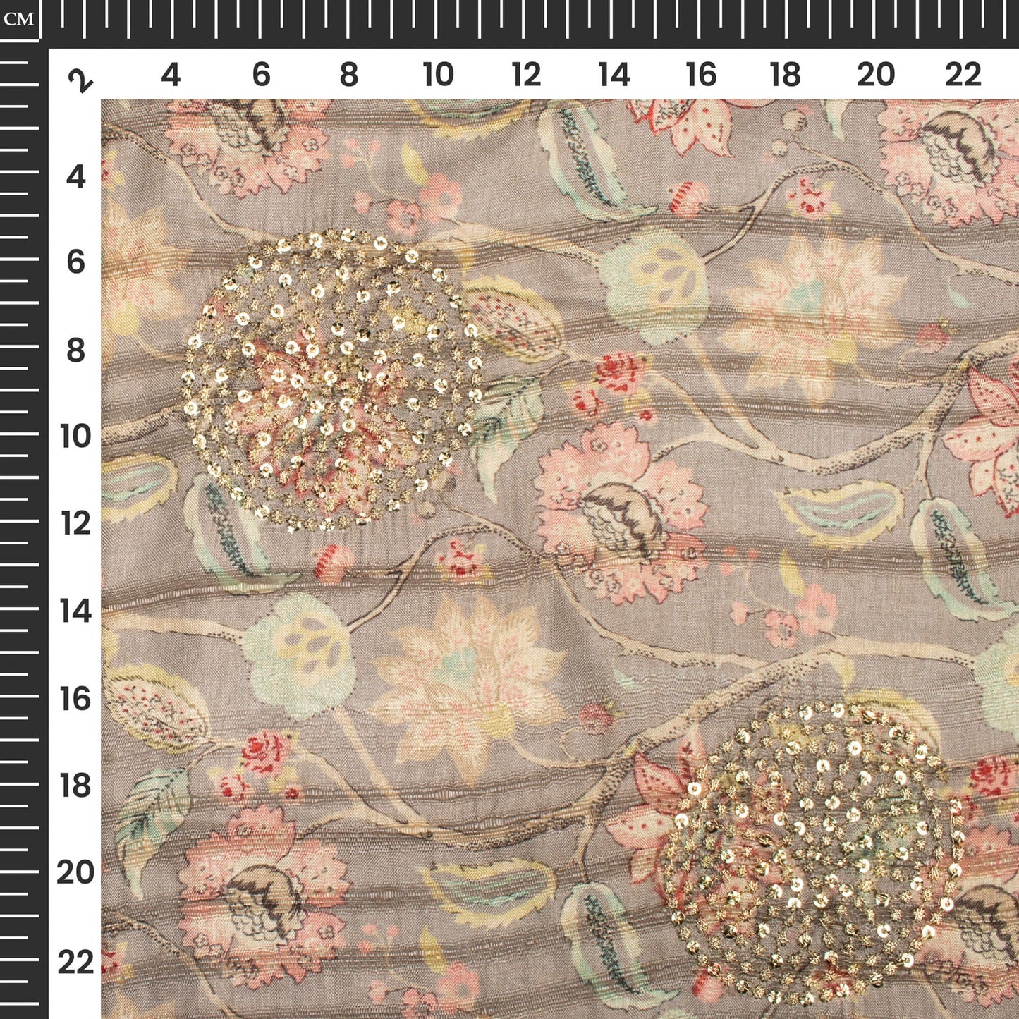 Lovely Pink Floral Digital Print Butta Sequins Embroidery On Heritage Art Silk Fabric