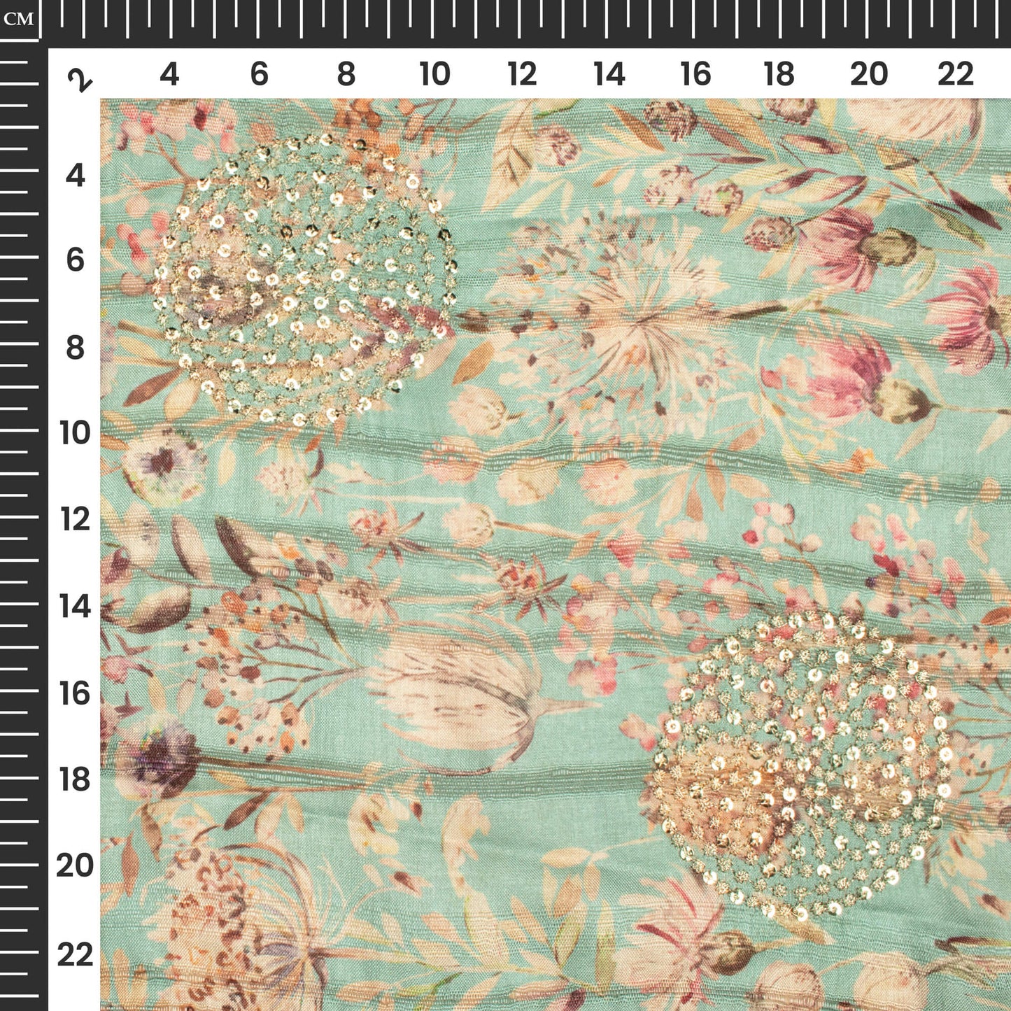 Turquoise Blue And Beige Floral Digital Print Butta Sequins Embroidery On Heritage Art Silk Fabric