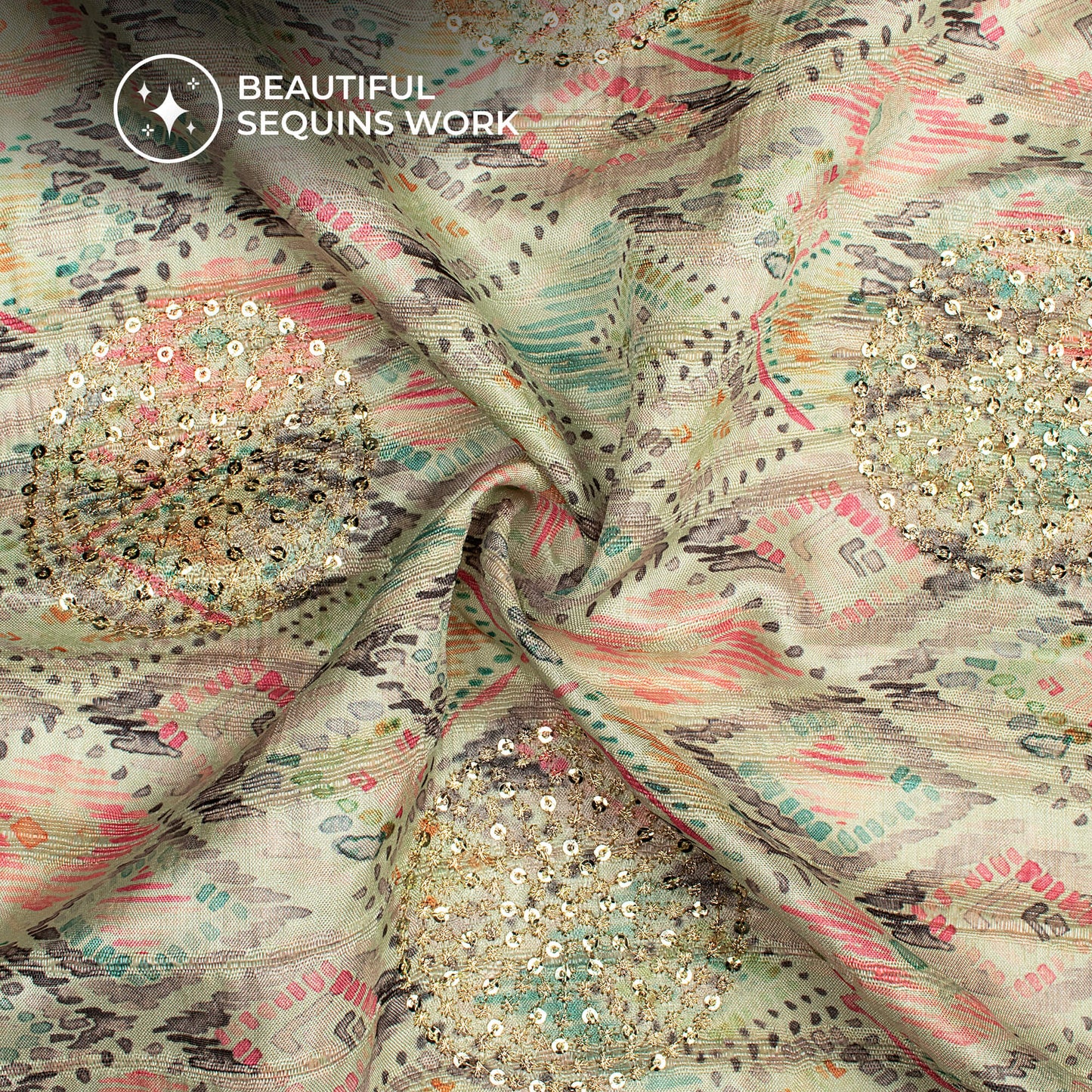 Smart Geometric Digital Print Butta Sequins Embroidery On Heritage Art Silk Fabric