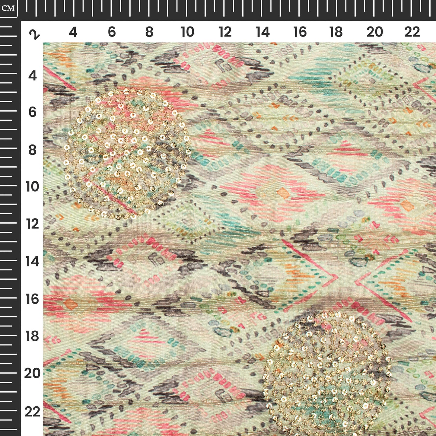 Smart Geometric Digital Print Butta Sequins Embroidery On Heritage Art Silk Fabric