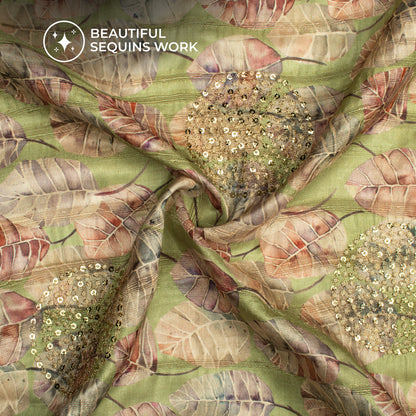 Green Leafage Digital Print Butta Sequins Embroidery On Heritage Art Silk Fabric
