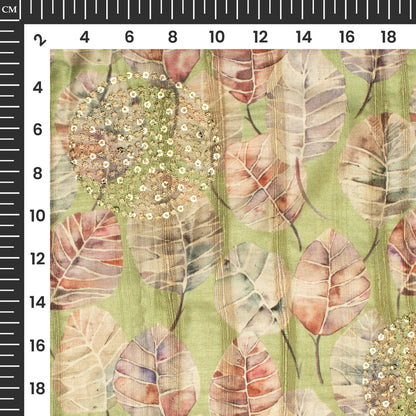Green Leafage Digital Print Butta Sequins Embroidery On Heritage Art Silk Fabric