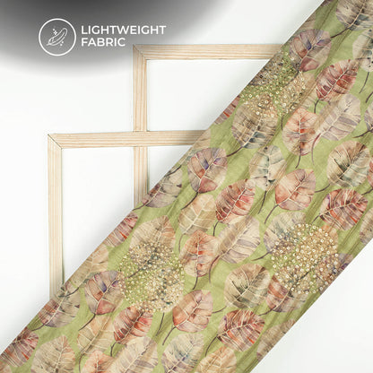 Green Leafage Digital Print Butta Sequins Embroidery On Heritage Art Silk Fabric