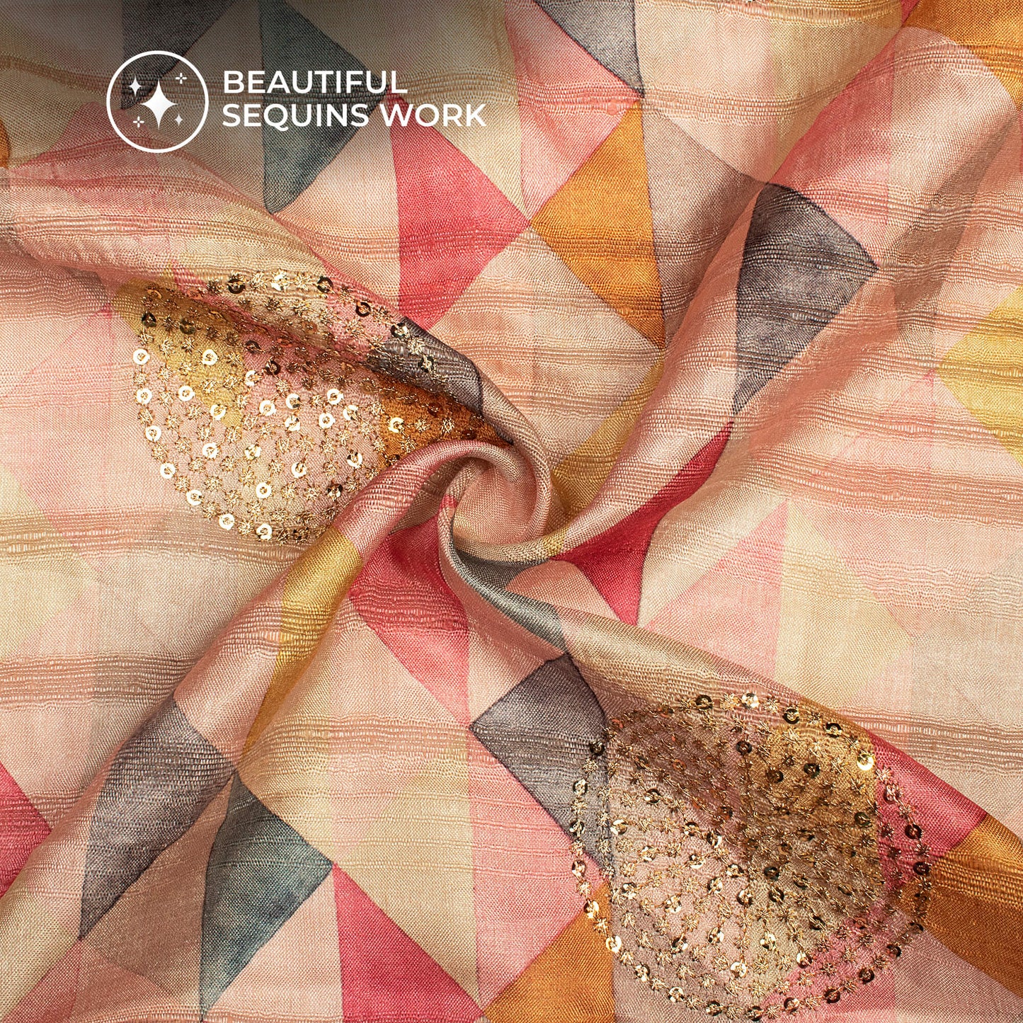 Stunning Abstract Digital Print Butta Sequins Embroidery On Heritage Art Silk Fabric