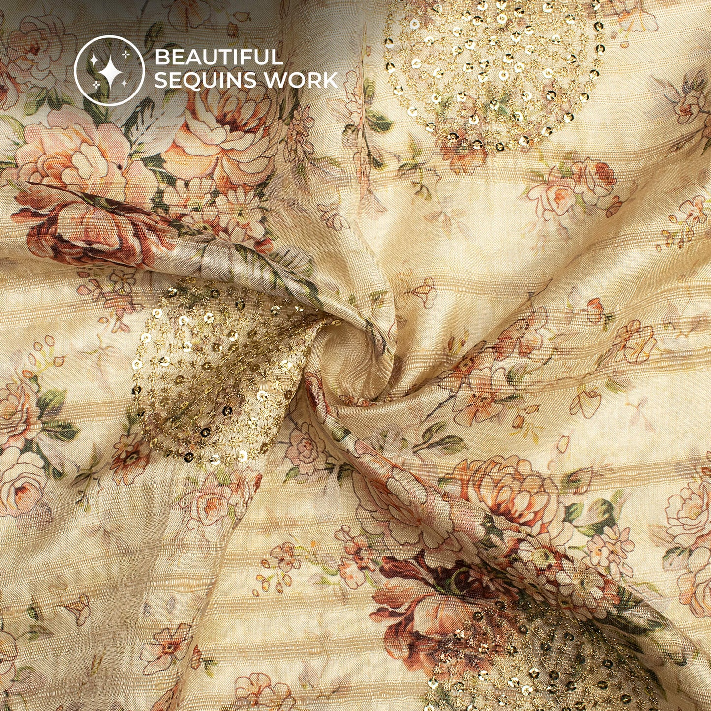 Vintage Floral Digital Print Butta Sequins Embroidery On Heritage Art Silk Fabric