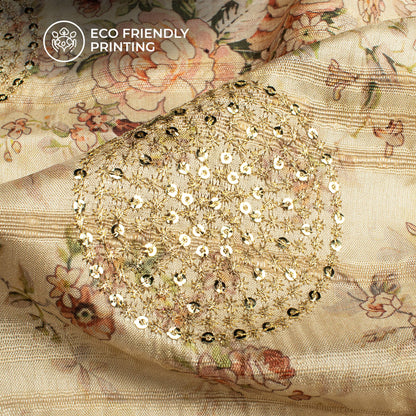 Vintage Floral Digital Print Butta Sequins Embroidery On Heritage Art Silk Fabric