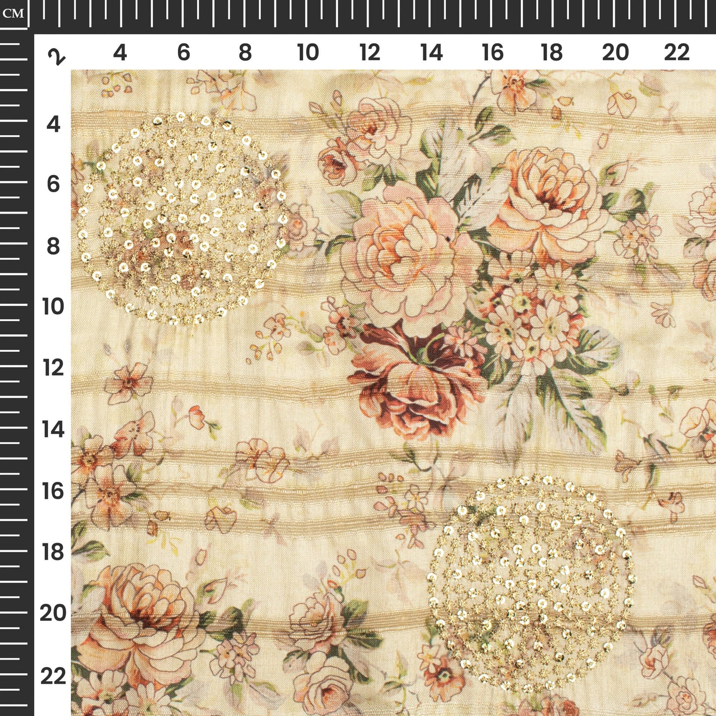 Vintage Floral Digital Print Butta Sequins Embroidery On Heritage Art Silk Fabric