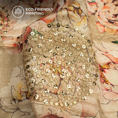 Gorgeous Peach Floral Digital Print Butta Sequins Embroidery On Heritage Art Silk Fabric