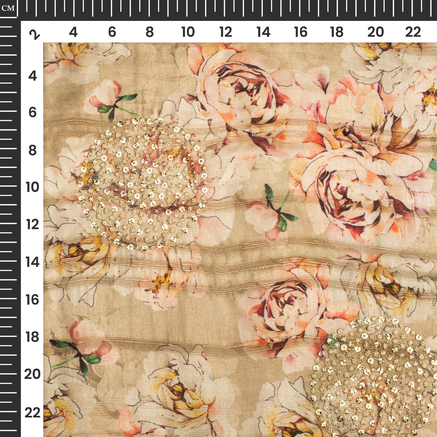 Gorgeous Peach Floral Digital Print Butta Sequins Embroidery On Heritage Art Silk Fabric