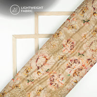 Gorgeous Peach Floral Digital Print Butta Sequins Embroidery On Heritage Art Silk Fabric