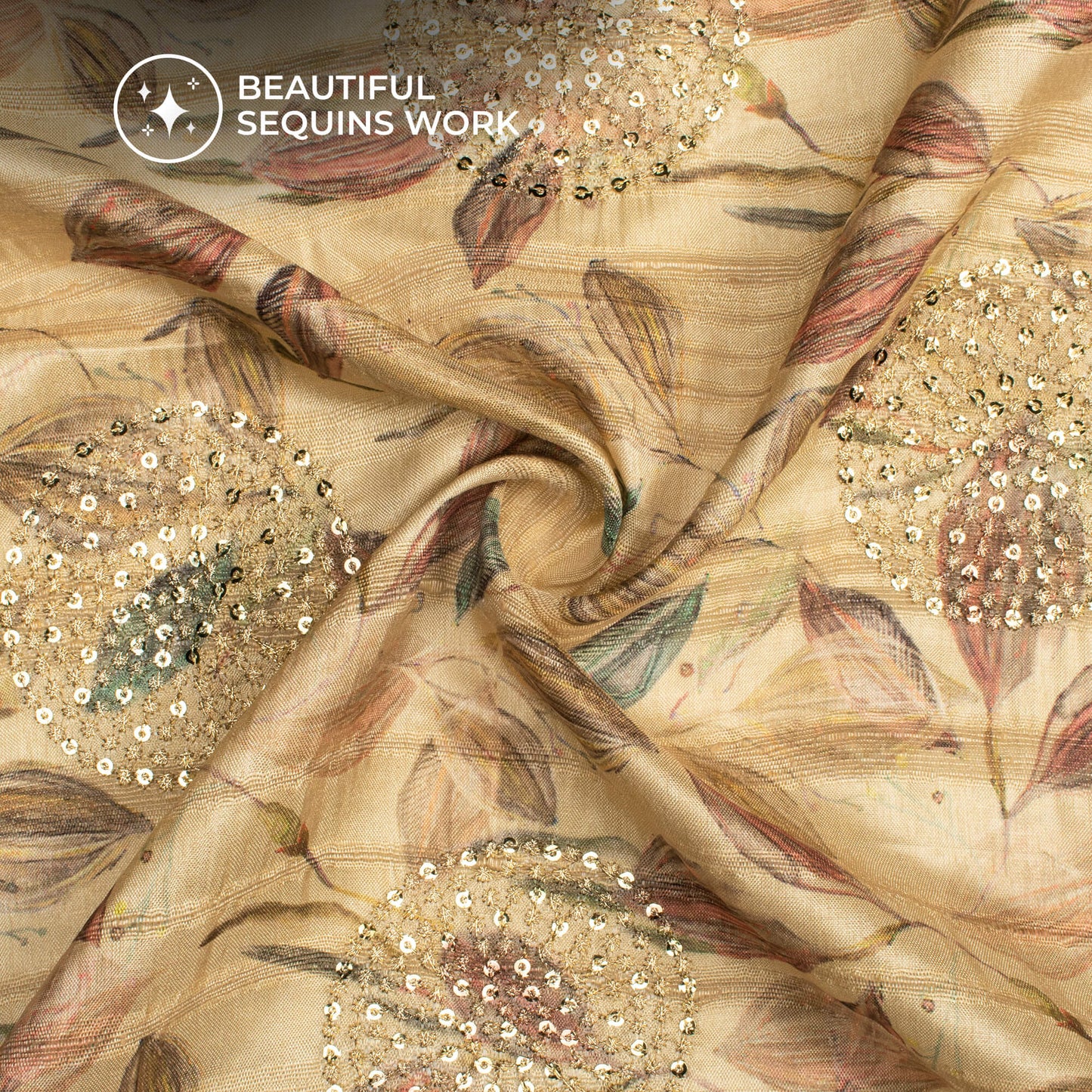 Flaxen Yellow Leaf Digital Print Butta Sequins Embroidery On Heritage Art Silk Fabric