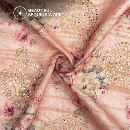 Lace Pink And Beige Floral Digital Print Butta Sequins Embroidery On Heritage Art Silk Fabric