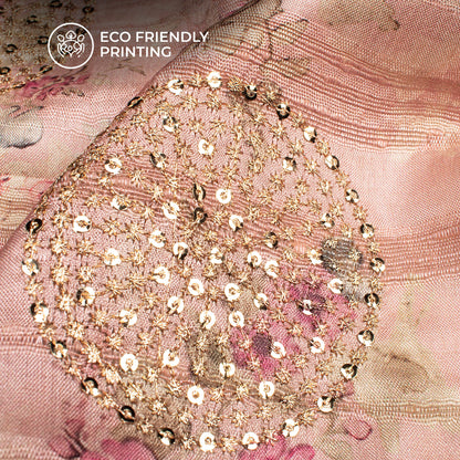 Lace Pink And Beige Floral Digital Print Butta Sequins Embroidery On Heritage Art Silk Fabric