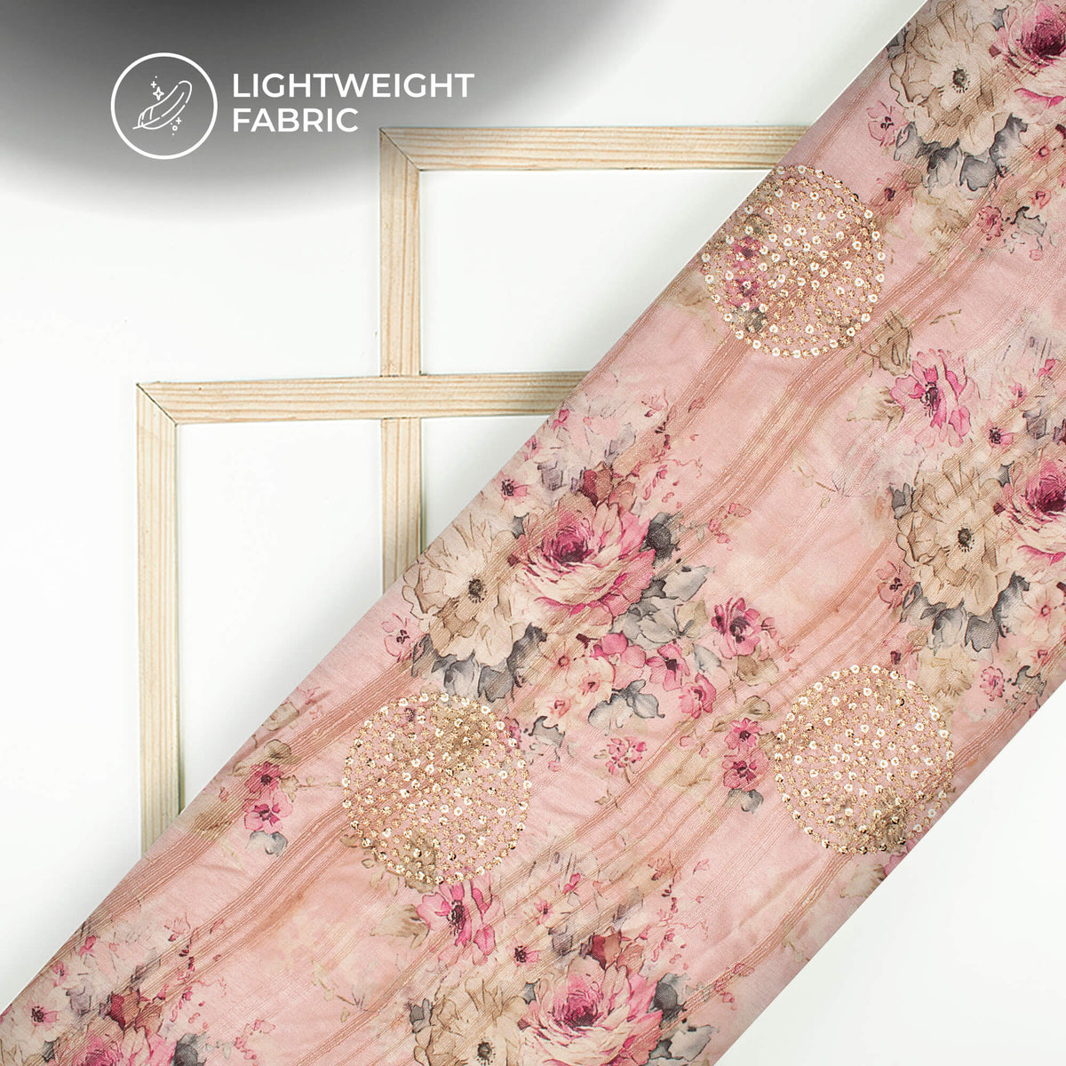 Lace Pink And Beige Floral Digital Print Butta Sequins Embroidery On Heritage Art Silk Fabric