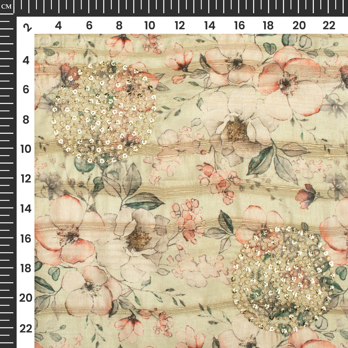 Tea Green And Beige Floral Digital Print Butta Sequins Embroidery On Heritage Art Silk Fabric