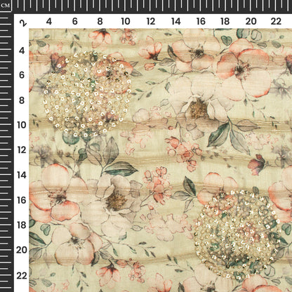 Tea Green And Beige Floral Digital Print Butta Sequins Embroidery On Heritage Art Silk Fabric