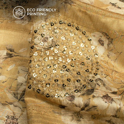 Attractive Off-White Floral Digital Print Butta Sequins Embroidery On Heritage Art Silk Fabric