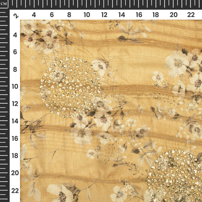 Attractive Off-White Floral Digital Print Butta Sequins Embroidery On Heritage Art Silk Fabric
