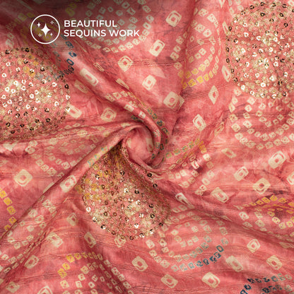 Trendy Pink Bandhanii Digital Print Butta Sequins Embroidery On Heritage Art Silk Fabric