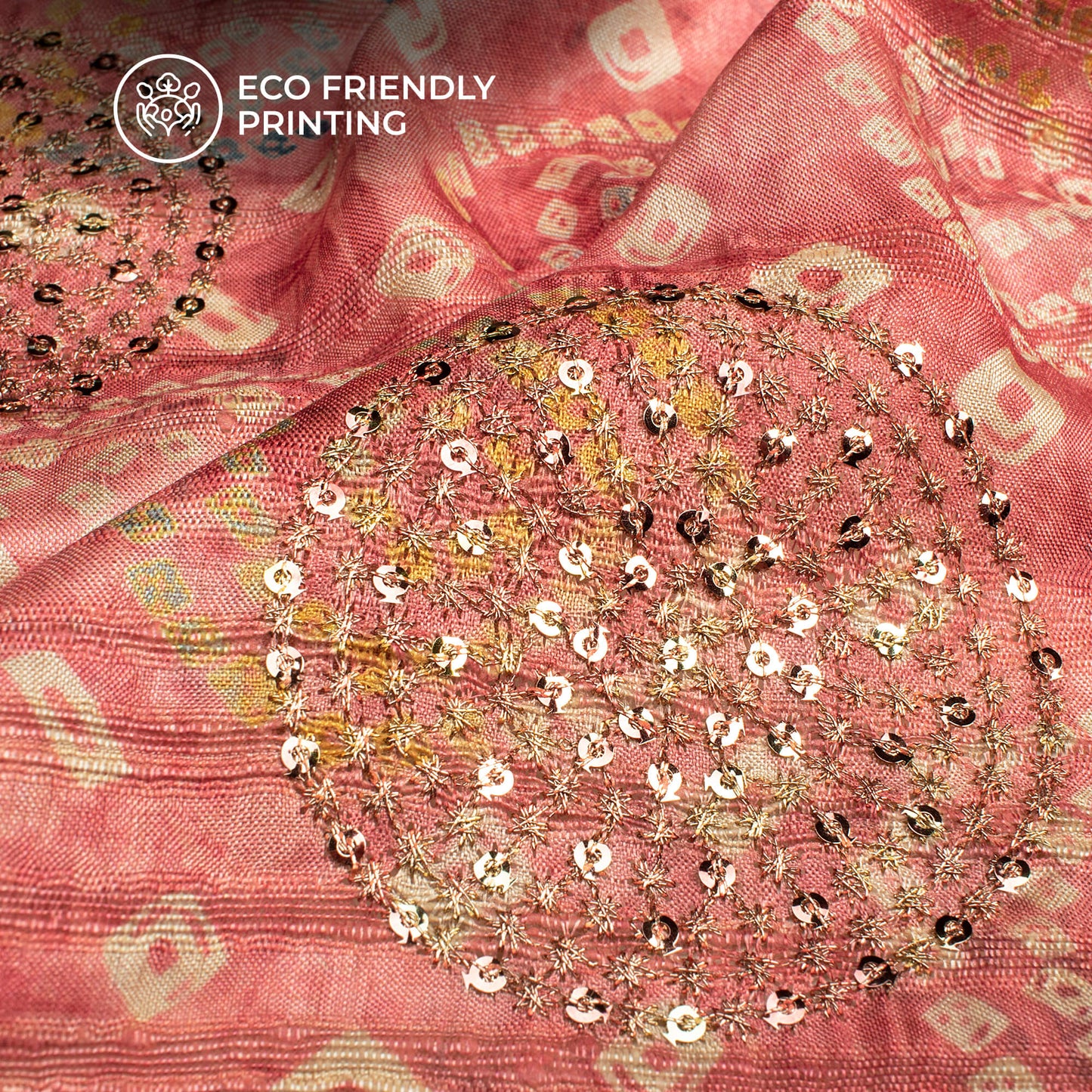Trendy Pink Bandhani Digital Print Butta Sequins Embroidery On Heritage Art Silk Fabric