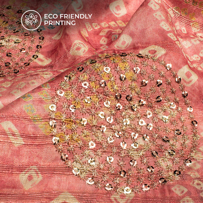 Trendy Pink Bandhanii Digital Print Butta Sequins Embroidery On Heritage Art Silk Fabric