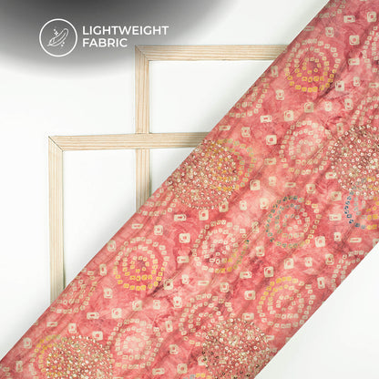 Trendy Pink Bandhanii Digital Print Butta Sequins Embroidery On Heritage Art Silk Fabric