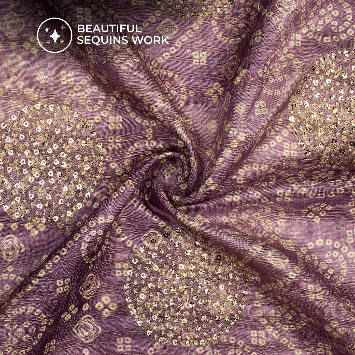 Heather Purple And White Bandhani Digital Print Butta Sequins Embroidery On Heritage Art Silk Fabric