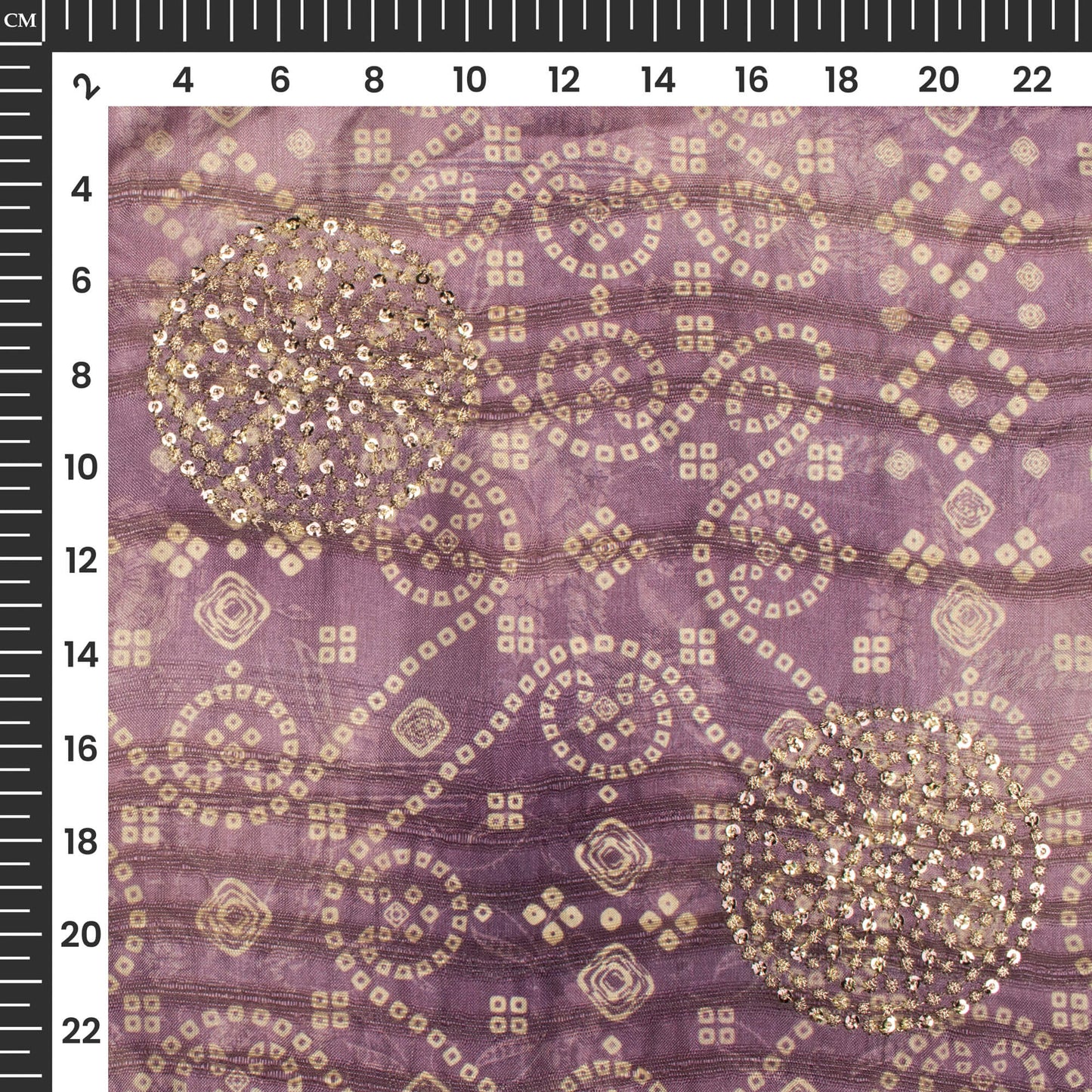 Heather Purple And White Bandhani Digital Print Butta Sequins Embroidery On Heritage Art Silk Fabric