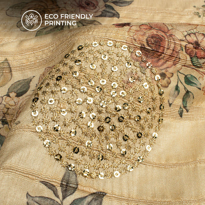 Tan Beige And Pink Floral Digital Print Butta Sequins Embroidery On Heritage Art Silk Fabric