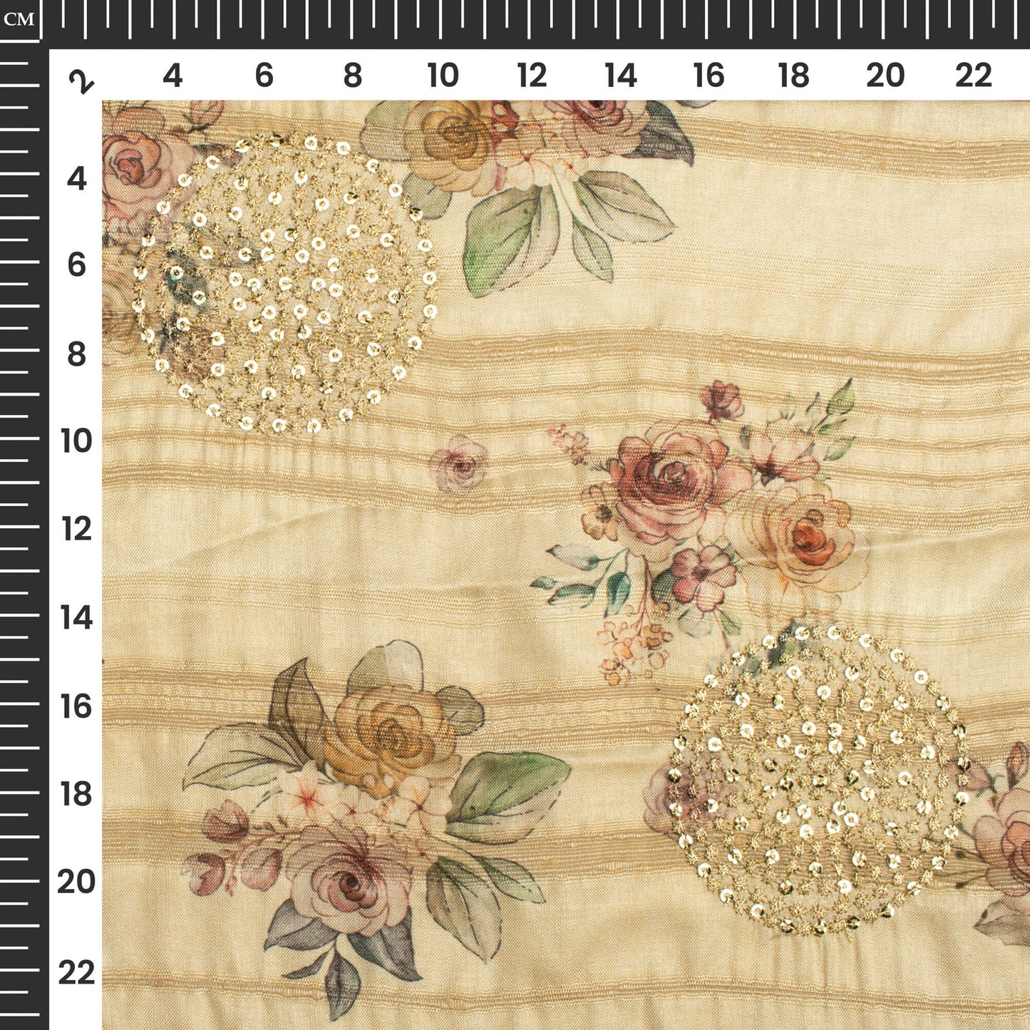 Tan Beige And Pink Floral Digital Print Butta Sequins Embroidery On Heritage Art Silk Fabric