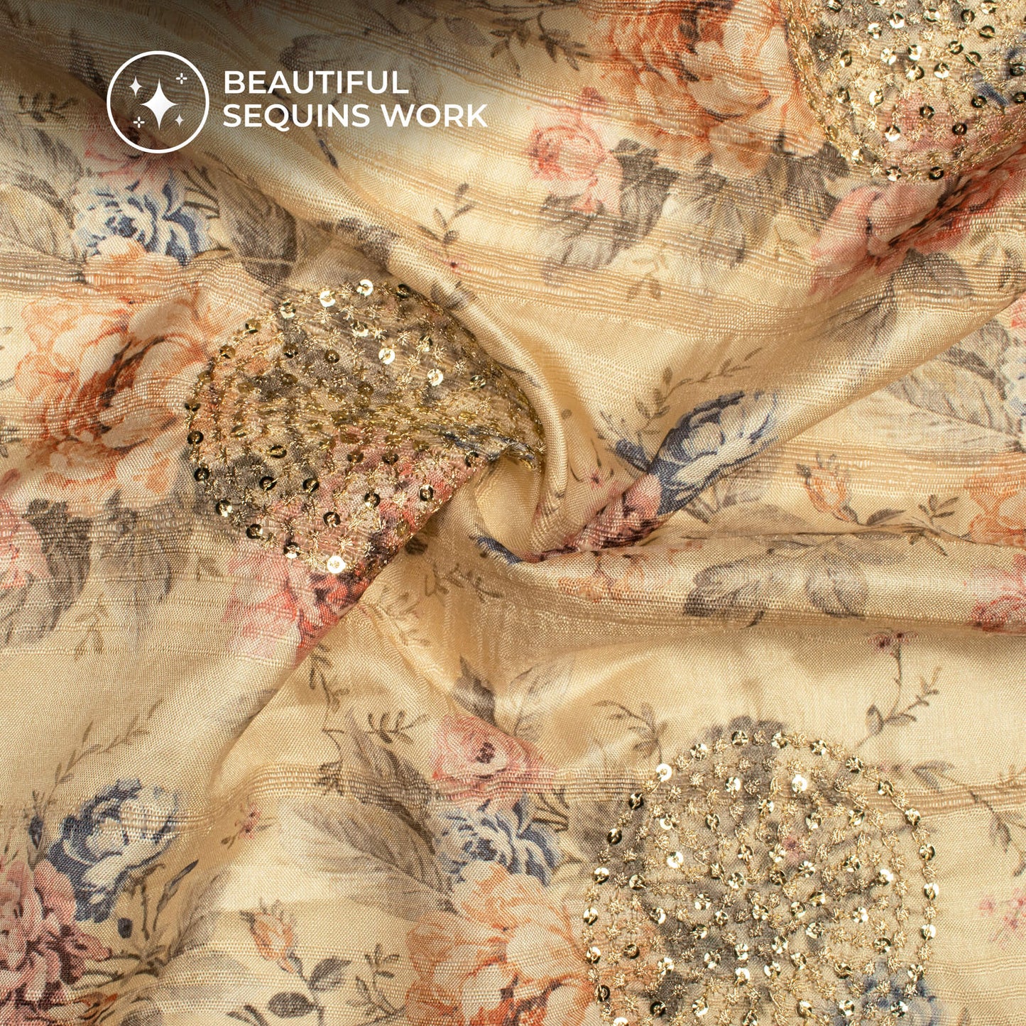 Biscotti Beige And Peach Floral Digital Print Butta Sequins Embroidery On Heritage Art Silk Fabric