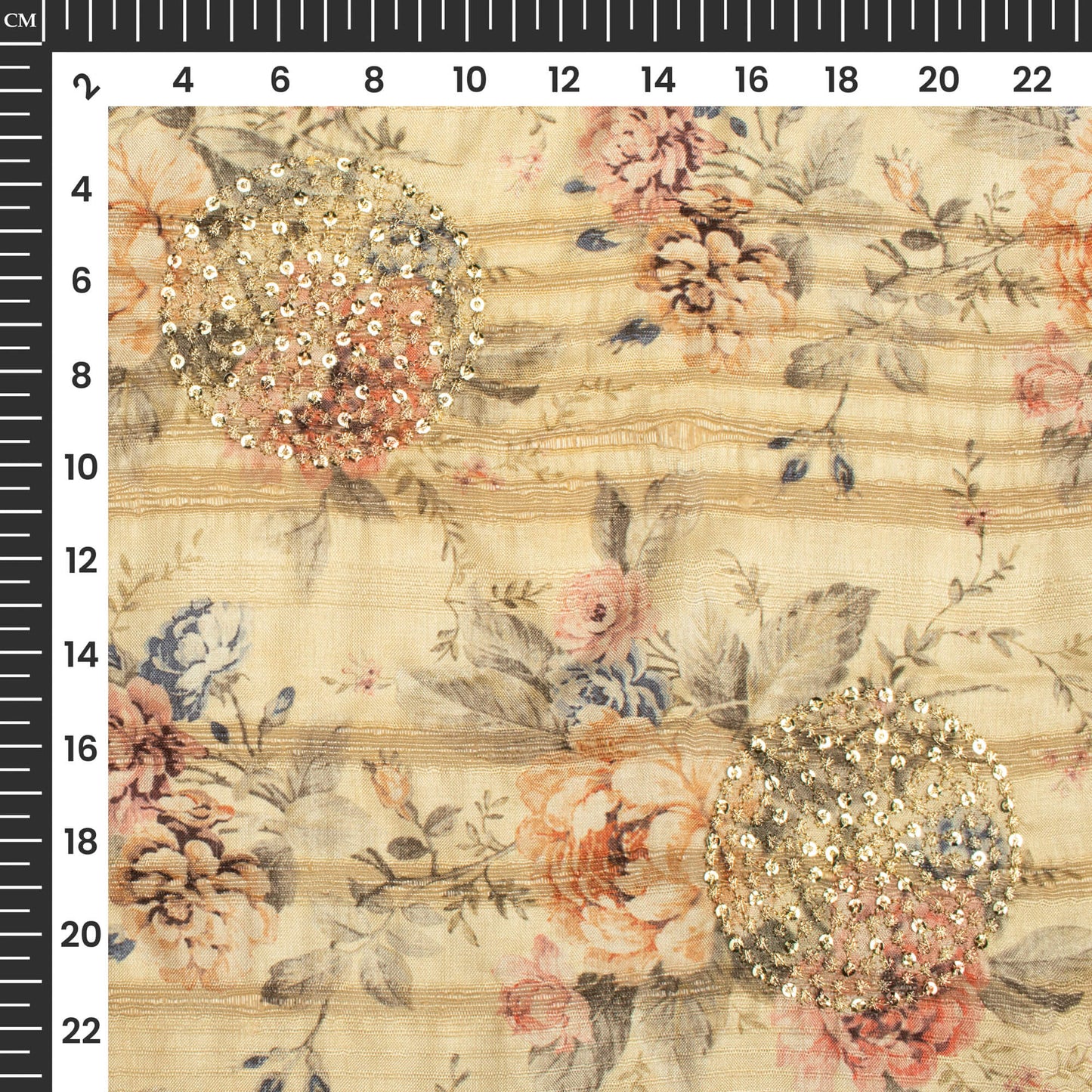 Biscotti Beige And Peach Floral Digital Print Butta Sequins Embroidery On Heritage Art Silk Fabric