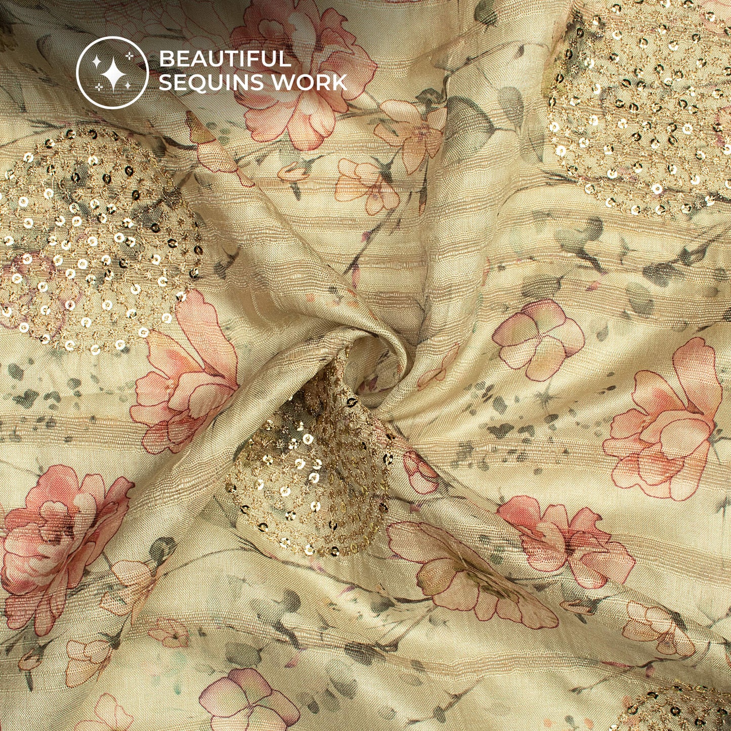 Sage Green And Pink Floral Digital Print Butta Sequins Embroidery On Heritage Art Silk Fabric