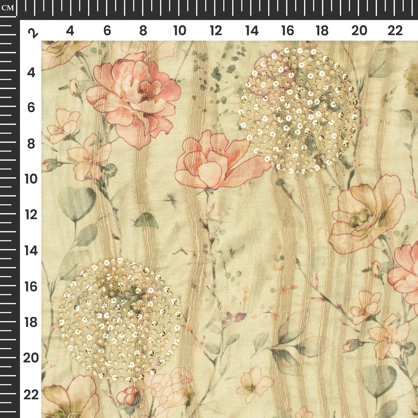 Sage Green And Pink Floral Digital Print Butta Sequins Embroidery On Heritage Art Silk Fabric