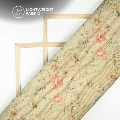 Sage Green And Pink Floral Digital Print Butta Sequins Embroidery On Heritage Art Silk Fabric
