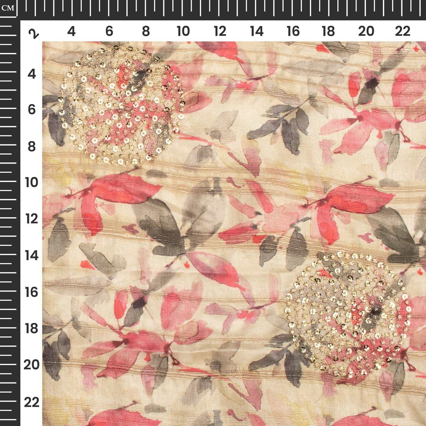 Beautiful Pink Leafage Digital Print Butta Sequins Embroidery On Heritage Art Silk Fabric