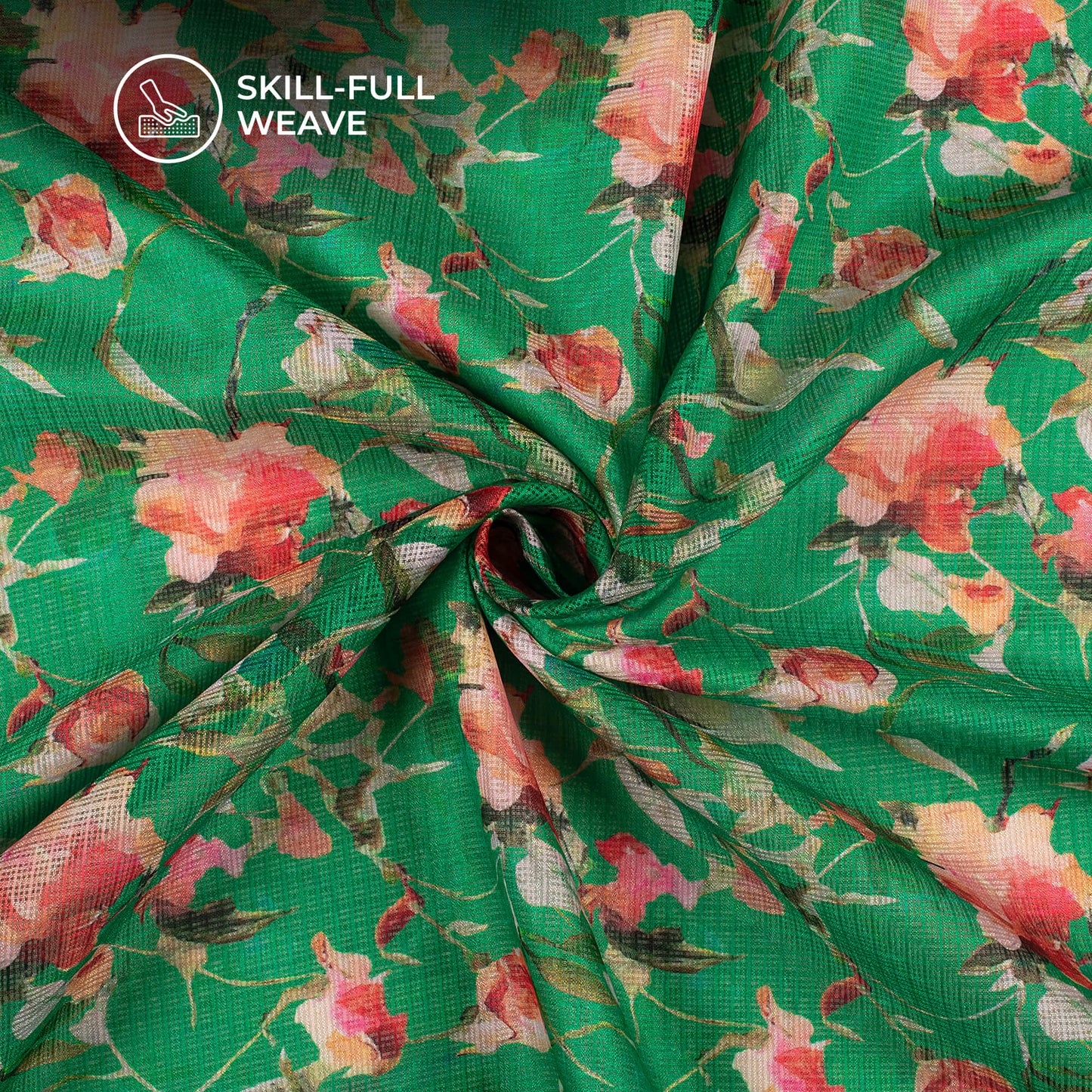 Trendy Green Leafage Digital Print Kota Doria Fabric