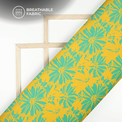 Teal Green And Yellow Floral Digital Print Muslin Fabric