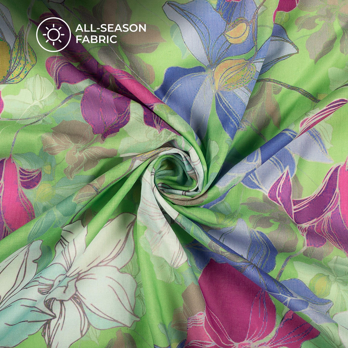 Stylish Green Floral Digital Print Poly Cambric Fabric