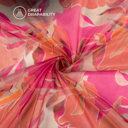Beautiful Pink Leafage Digital Print Organza Satin Fabric