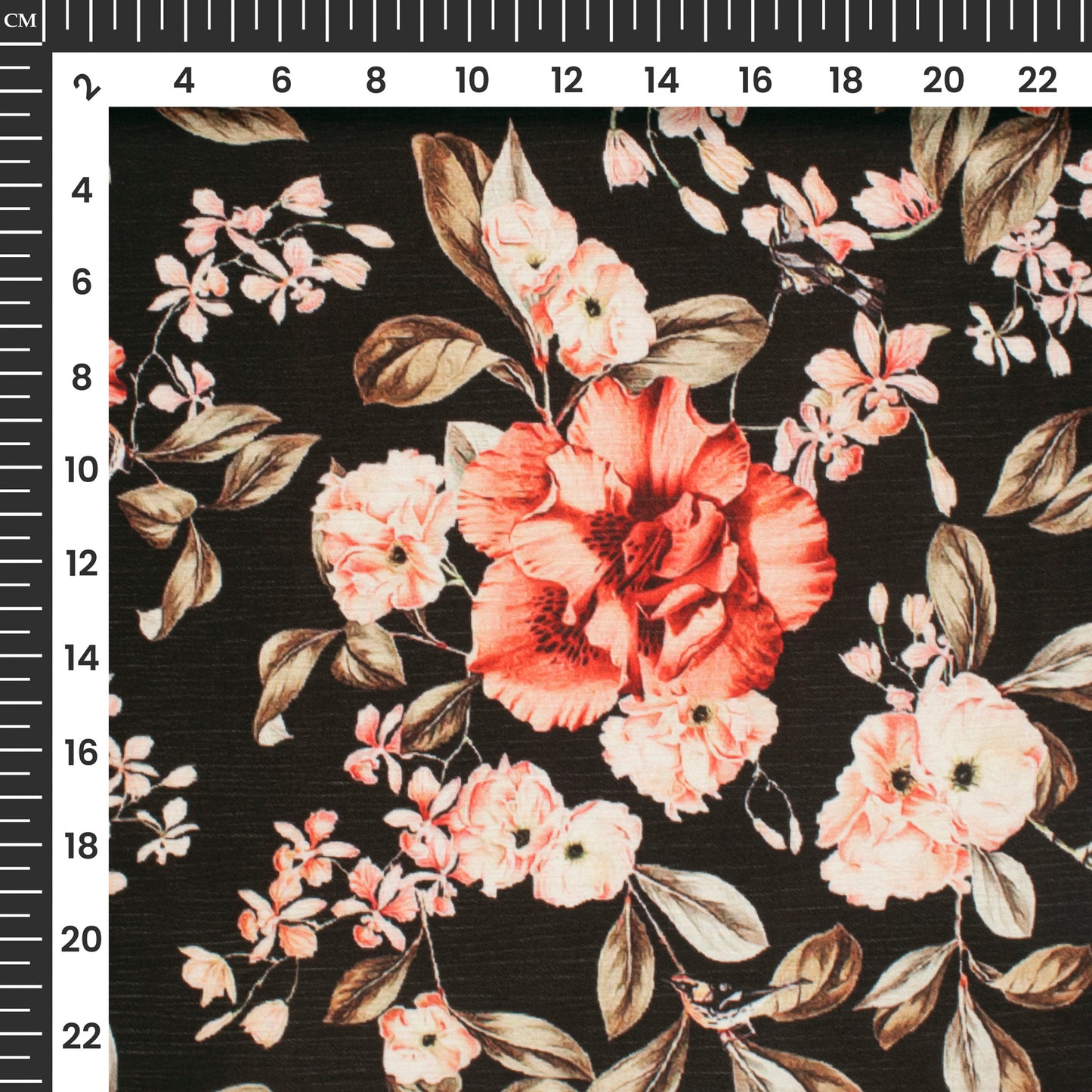 Solid Black Floral Digital Print Chiffon Satin Fabric