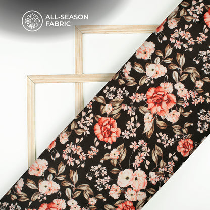 Solid Black Floral Digital Print Chiffon Satin Fabric