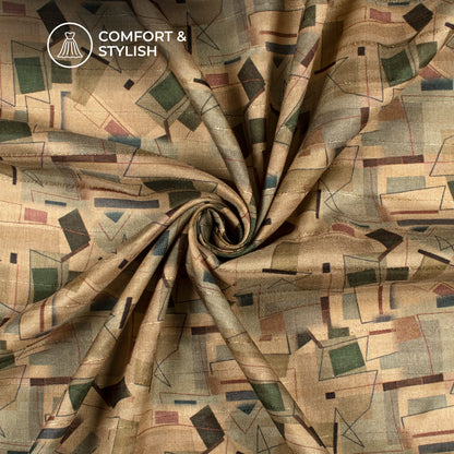 Stylish Green Geometric Digital Print Art Tusser Silk Fabric