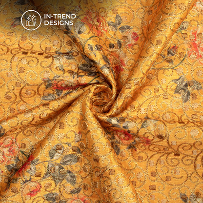 Trendy Floral Golden Sequins Thread Embroidery Work On Art Tusser Silk Fabric