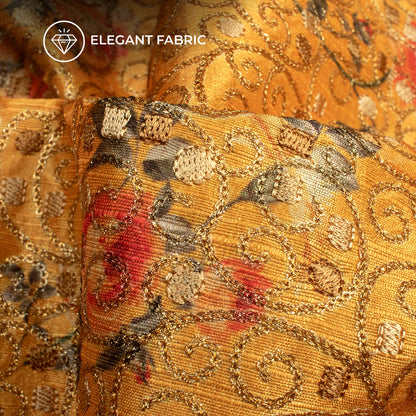 Trendy Floral Golden Sequins Thread Embroidery Work On Art Tusser Silk Fabric