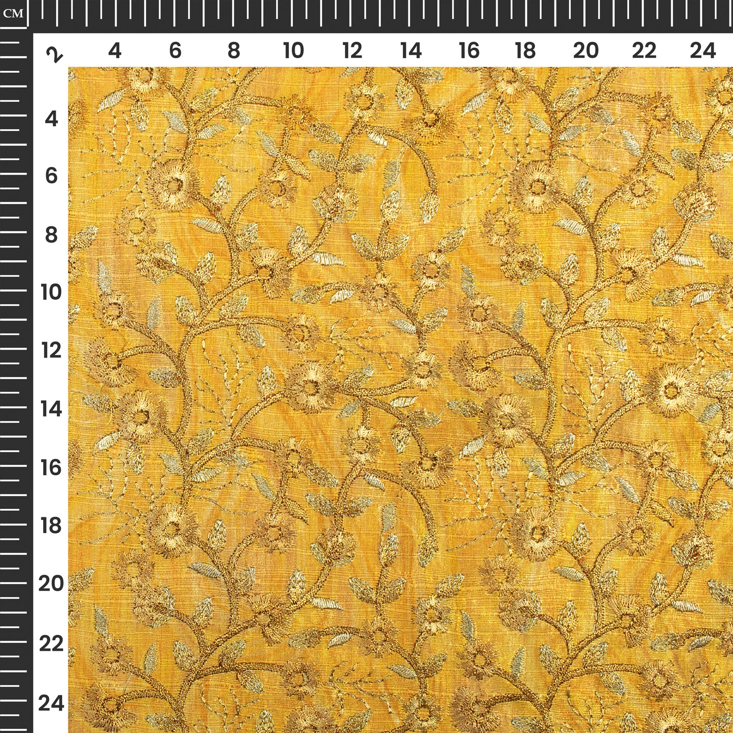 Smart  Floral Printed Golden Thread Embroidery Work On Art Tusser Silk Fabric