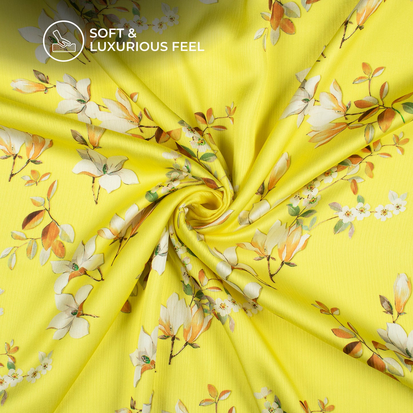 Lemon Yellow And White Floral Digital Print Chiffon Satin Fabric