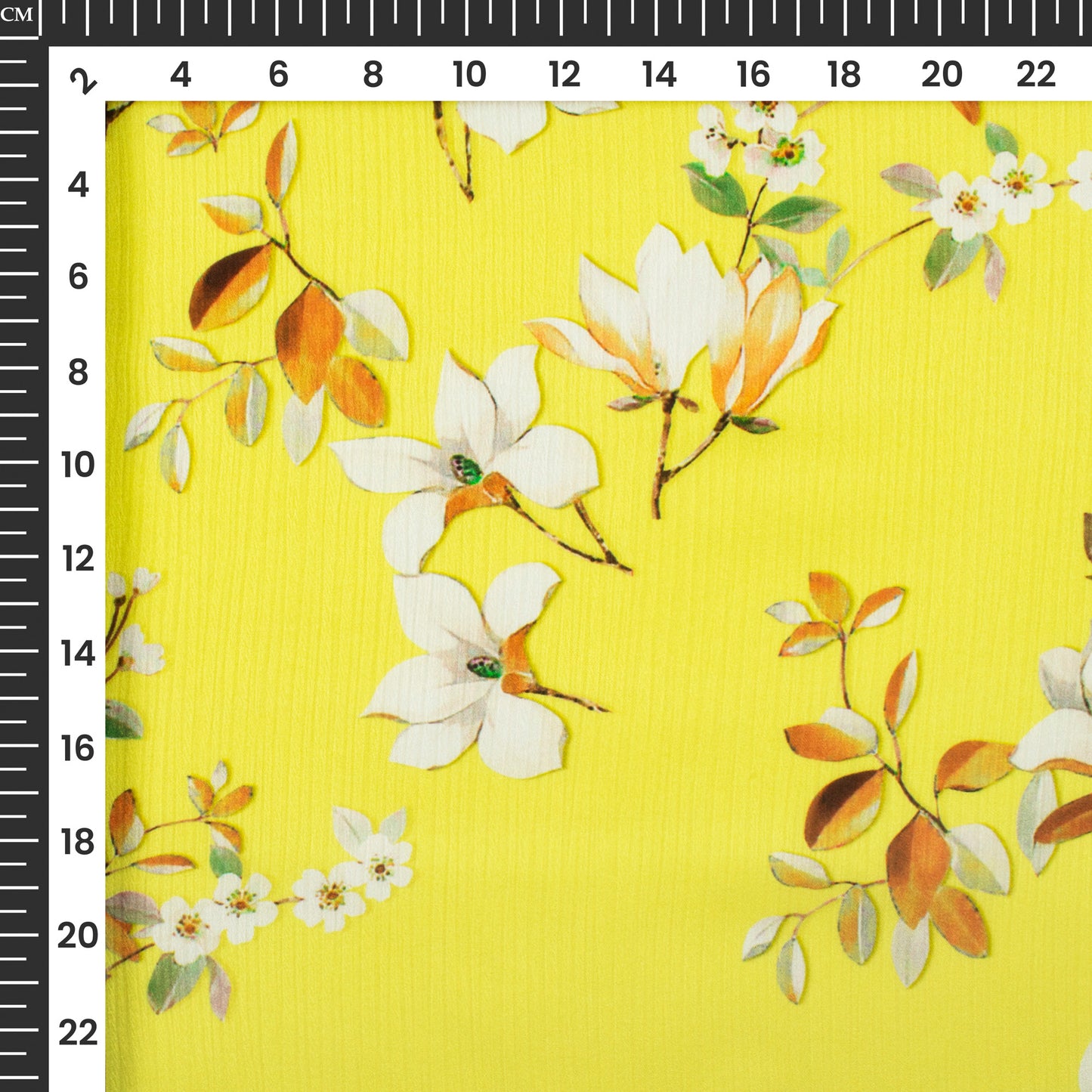Lemon Yellow And White Floral Digital Print Chiffon Satin Fabric