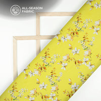 Lemon Yellow And White Floral Digital Print Chiffon Satin Fabric